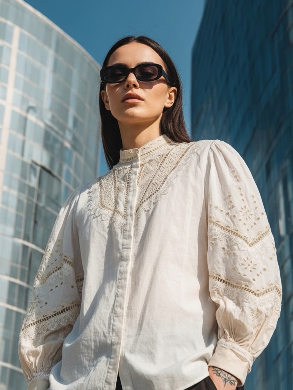 Kobi Halperin Skylar Embroidered Cream Lace-Trim Puff Sleeve Blouse Size XL